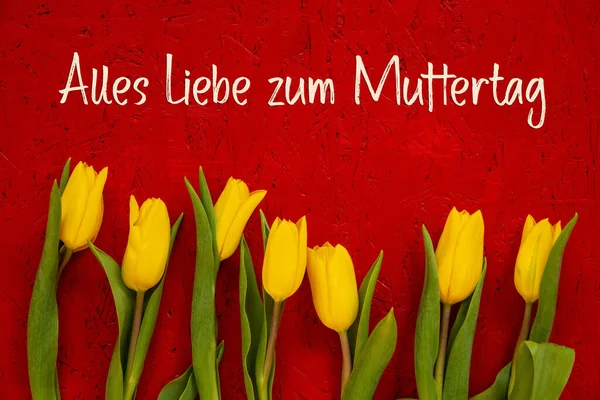 Gelbe Tulpe, rotes Holz, Text Alles Liebe Zum Muttertag bedeutet Happy Mothers Day — Stockfoto