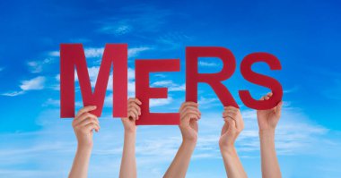 People Hands Hold Word MERS, Blue Sky