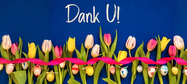 Banner con colorido tulipán, Dank U significa Gracias, Huevo de Pascua —  Fotos de Stock