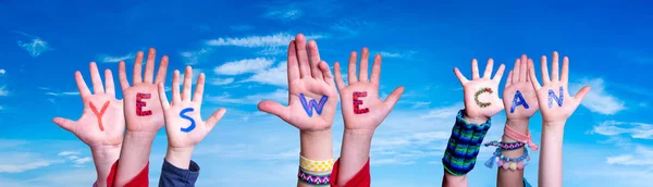 Children Hands Building Word Yes We Can, Blue Sky — Stock Photo, Image