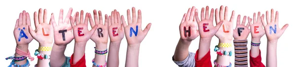 Kids Hands Holding Word Aelteren Helfen Mean Help Elderly, Isolated Background — Zdjęcie stockowe