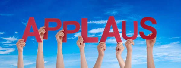 People Hands Holding Word Applaus Means Applause, Blue Sky — Stock Photo, Image