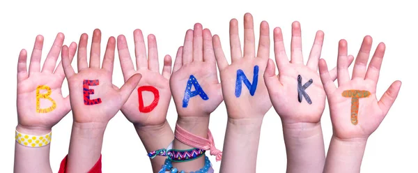 Dzieci Ręce Budowanie słowa Bedankt oznacza Dziękuję, Odosobnione tle — Zdjęcie stockowe