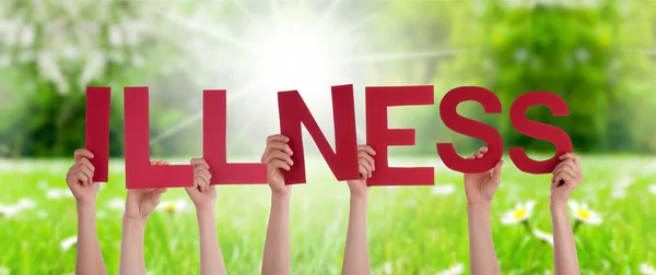 People Hands Holding Word Illness, Grass Meadow — Stock Photo, Image