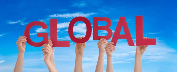 People Hands Holding Word Global, Blue Sky — Stock Photo, Image