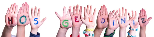 Kinderen Handen Bouwen Woord Hos Geldiniz betekent Welkom, Geïsoleerde Achtergrond — Stockfoto