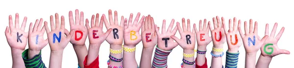 Kids Hands Holding Kinderbetreuung Means Child Day Care, Isolated Background — Stock Photo, Image