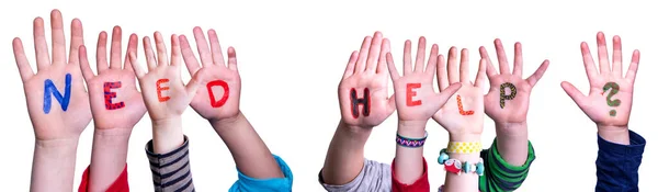 Kinderen Handen Bouwen Woord Hulp nodig, geïsoleerde achtergrond — Stockfoto