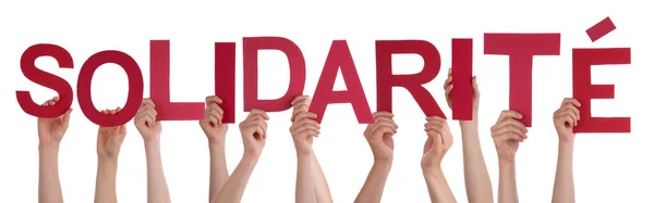 Pessoas Mãos Segurando Palavra Solidarita Significa Solidariedade, Fundo Isolado — Fotografia de Stock