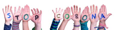 Children Hands Building Word Stop Corona, Isolated Background clipart