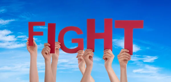 People Hands Holding Word Fight, Blue Sky — Stock Photo, Image