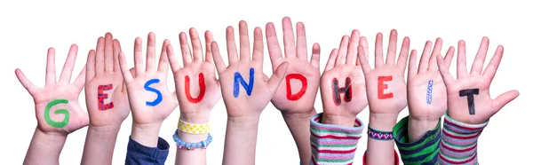 Kids Hands Holding Word Gesundheit Means Health, Isolated Background — Stock Photo, Image