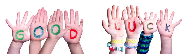 Manos de niños sosteniendo la palabra buena suerte, fondo aislado —  Fotos de Stock