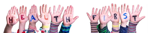 Dzieci Hands Building Word Health First, izolowane tle — Zdjęcie stockowe