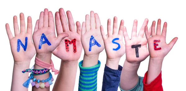 Bambini Mani Costruzione Parola Namaste significa Ciao, sfondo isolato — Foto Stock