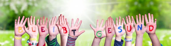 Kinderen handen houden woord Bleibt Gesund betekent blijf gezond, Grasveld — Stockfoto