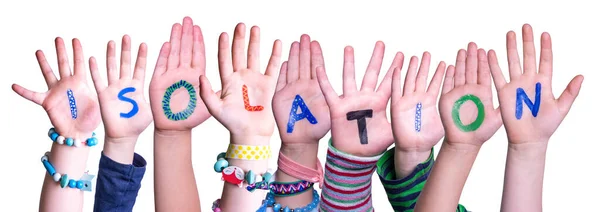 Παιδιά χέρια κρατώντας Απομόνωση Word, απομονωμένο φόντο — Φωτογραφία Αρχείου