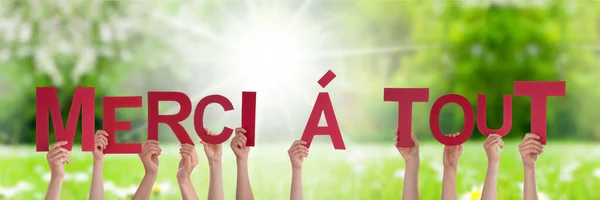 People Hands Holding Word Merci A Tout Means Thank You All, Grass Meadow — Stock Photo, Image