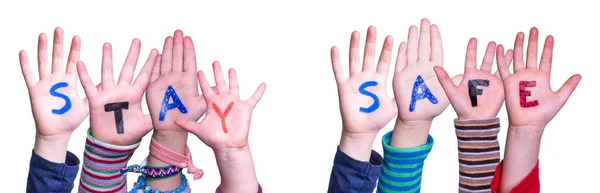 Le mani dei bambini che tengono la parola rimangono sicure, sfondo isolato — Foto Stock