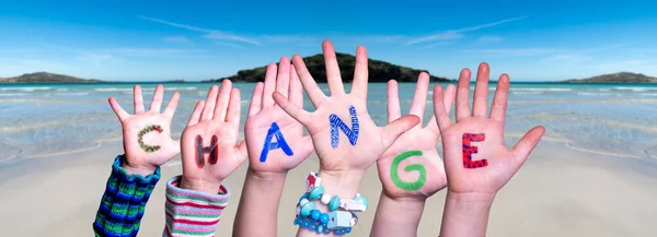 Children Hands Building Word Change, Ocean Background — Stock Photo, Image