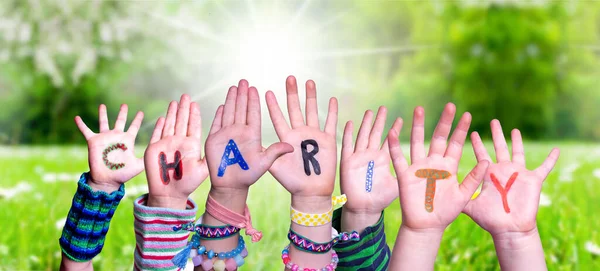 Children Hands Building Word Charity, Grass Meadow — Stock Photo, Image