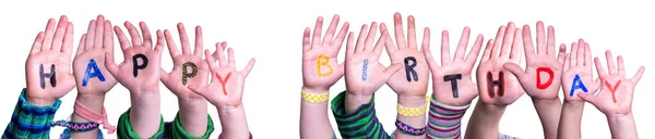 Crianças mãos construindo palavra feliz aniversário, fundo isolado — Fotografia de Stock