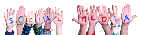 Çocuk Elleri Sözcük Sosyal Medyası İnşa Ediyor, İzole Edilmiş Arkaplan — Stok fotoğraf