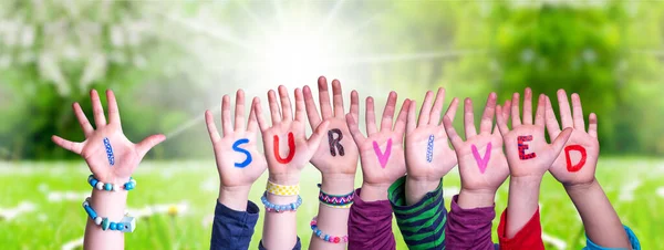 Children Hands Building Word I Survived, Grass Meadow — Stock fotografie