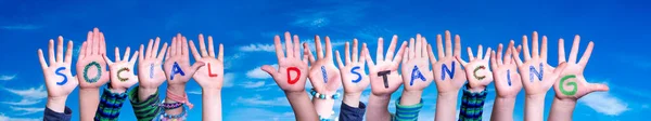 Children Hands Building Word Social Distancing, Blue Sky — Stock Photo, Image