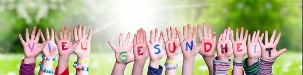 Las manos de los niños sosteniendo la palabra Viel Gesundheit significa mantenerse saludable, prado de hierba — Foto de Stock