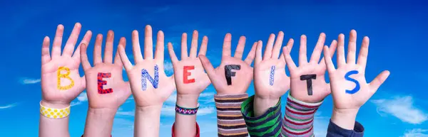 Children Hands Building Word Benefits, Blue Sky — Stock fotografie