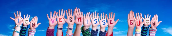 Children Hands Building Word Ich Vermisse Euch Means I Miss You, Blue Sky — Stock Photo, Image