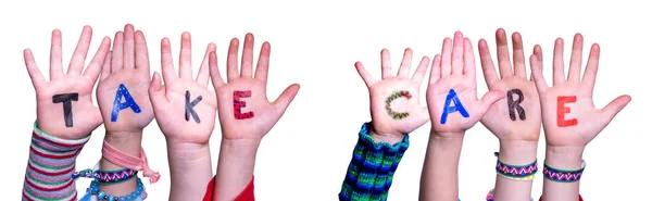 Çocuk Elleri Sözcük İnşa Ediyor Kendine dikkat et, Tecrit Edilmiş Arkaplan — Stok fotoğraf