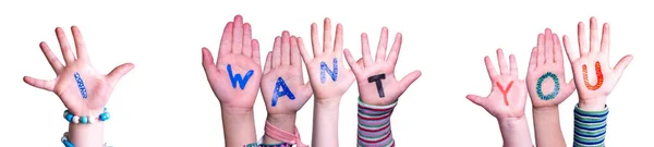 Crianças Mãos Construindo Palavra Eu Quero Você, Fundo isolado — Fotografia de Stock