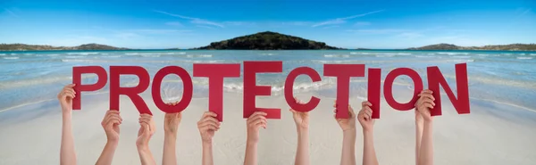 People Hands Holding Word Protection, Ocean Background — Stock Photo, Image