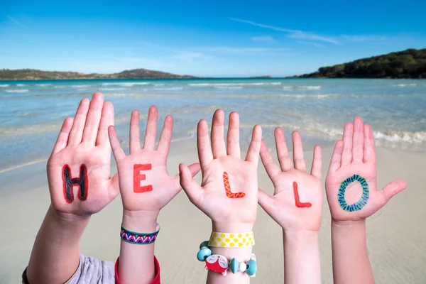 Children Hands Building Word Olá, Fundo do Oceano — Fotografia de Stock