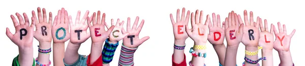 Crianças mãos segurando palavra proteger idosos, fundo isolado — Fotografia de Stock