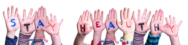 Çocuk Elleri Kelimeyi İnşa Ediyor Sağlıklı Kalın, Tecrit Edilmiş Arkaplan — Stok fotoğraf