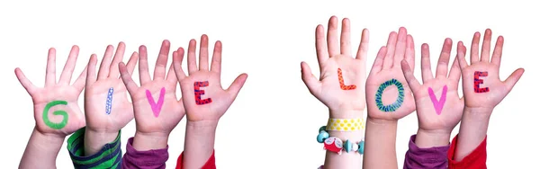 Las manos de los niños construyendo la palabra dan amor, fondo aislado —  Fotos de Stock