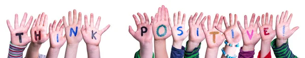 Mani dei bambini Costruzione Parola pensare positivo, sfondo isolato — Foto Stock