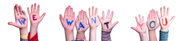 Barn händer bygga ord vi vill ha dig, isolerad bakgrund — Stockfoto