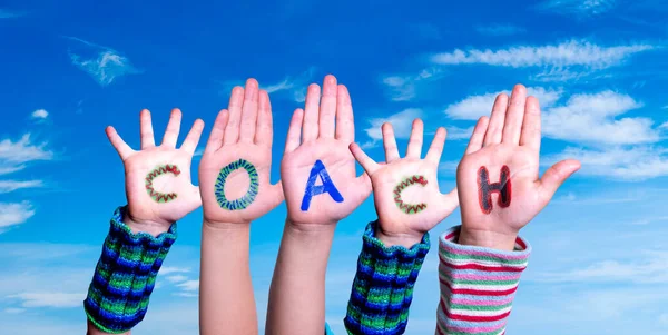 Children Hands Building Word Coach, Blue Sky — Stock Photo, Image
