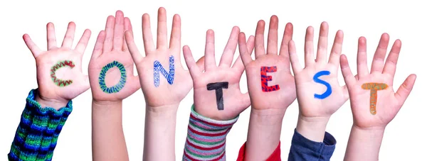 Kinderen handen bouwen Woord Wedstrijd, geïsoleerde achtergrond — Stockfoto