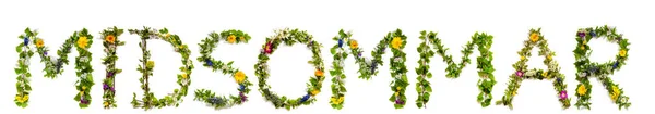 Fiore e fiore Lettera Costruzione Parola Midsommar significa mezza estate — Foto Stock