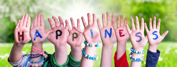 Children Hands Building Word Happiness, Grass Meadow — Stock Photo, Image