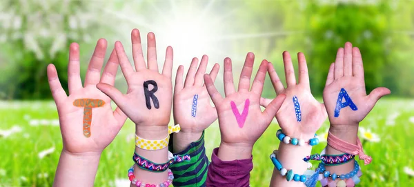 Children Hands Building Word Trivia, Grass Meadow — Stock Photo, Image