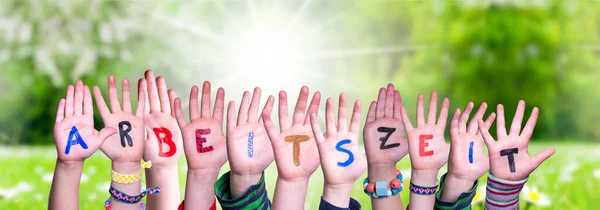 Children Hands Building Word Arbeitszeit Means Working Hours, Grass Meadow — Stock Photo, Image