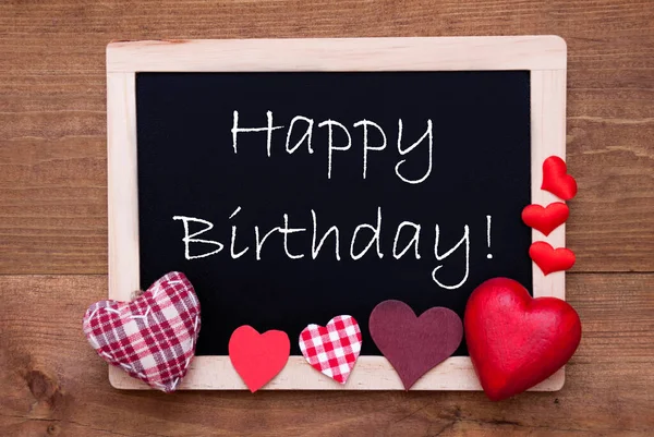 ( 영어 ) Balckboard With Red Heart Decoration, Text Happy Birthday, Wooden Background — 스톡 사진