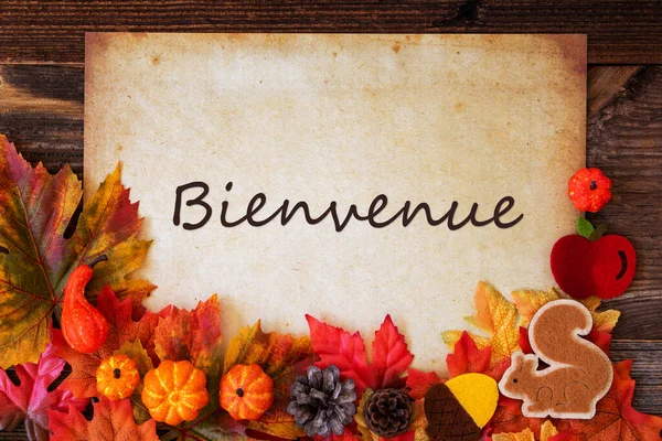 Altes Papier mit Herbstdekoration, Bienvenue bedeutet Willkommen — Stockfoto