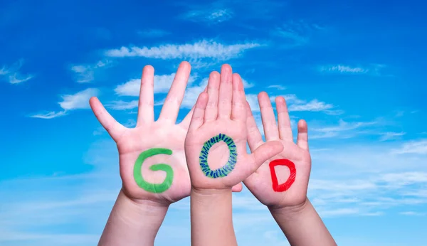 Children Hands Building Word God, Blue Sky — Stock Photo, Image